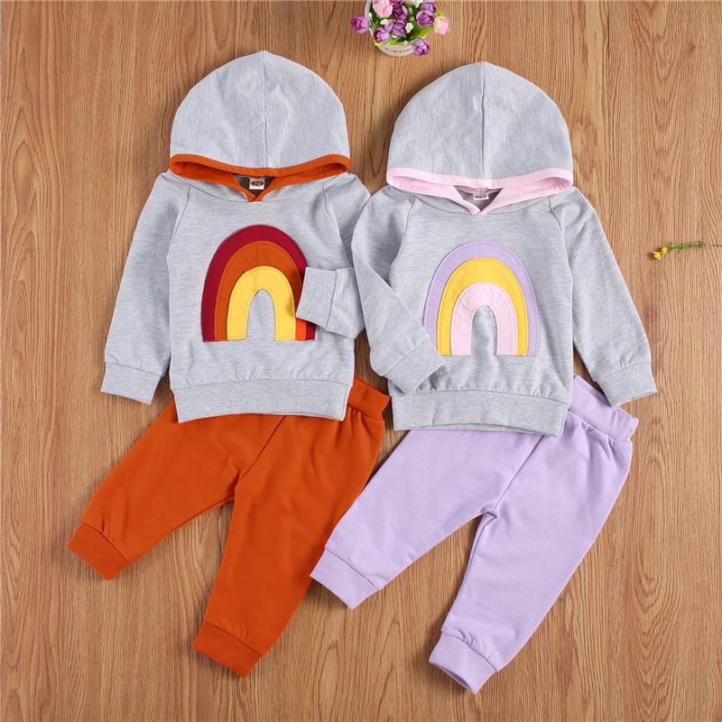 

Clothing Sets Autumn Kids Boys Clothes Set For Girls Casual Sportswear Fashion Patchwork Baby Rainbow Print Hooded+ Pants Outfits, White
