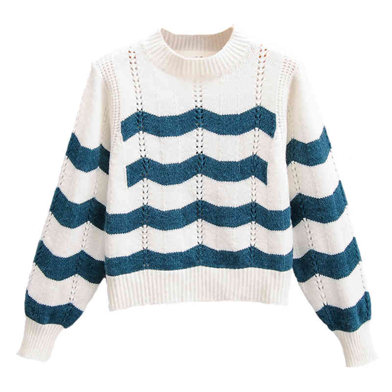 

Paris Girl Autumn Patchwork Striped Women Long Sleeve Knitted Sweater Hollow Pullover Tops O-Neck Ladies 210524, White