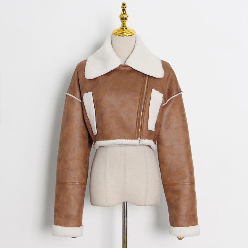 

Women' Jackets Women Sheep Skin Crop Jacket Autumn Winter Suede Short Casual Coat, Brown