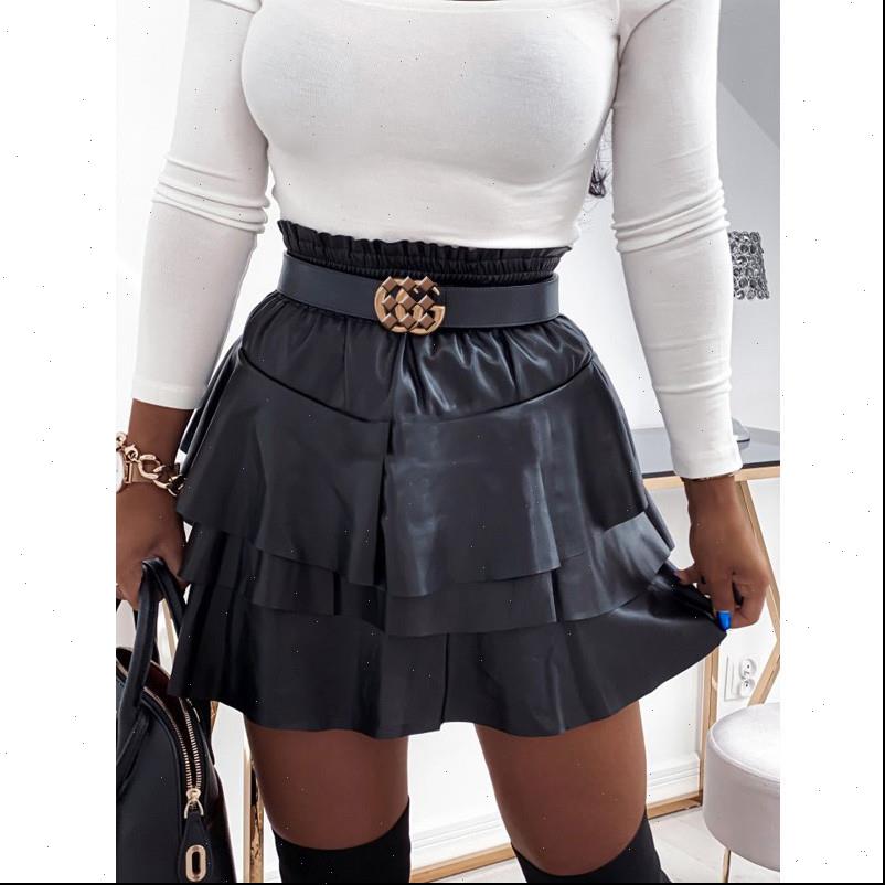 

pu leather solid color women skirts high waist elastic band cascading lace lady loose a line mini party wear, Black