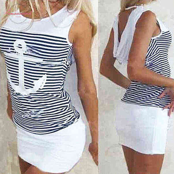 Fashion Women Casual Dresses Anchor Stripe Dress Sleeveless O Neck Hooded Sexy Mini clothes 16 Drop-image-537542268
