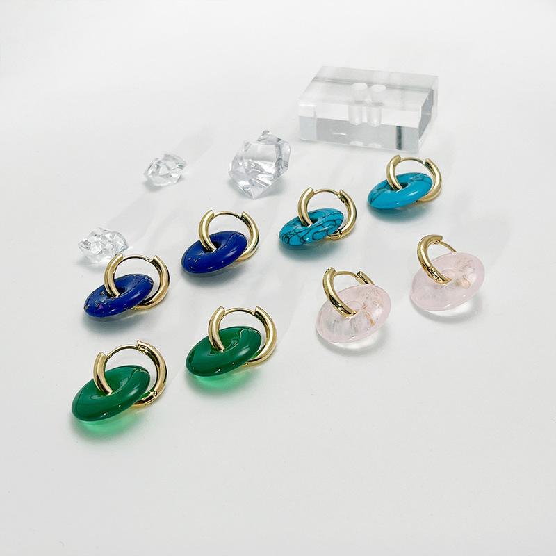 Hoop & Huggie ALLME Vintage Colorful Round Stone Charm Earrings For Women Pink Green Blue Geometric Circle Hoops Earring Brinco-image-711303769