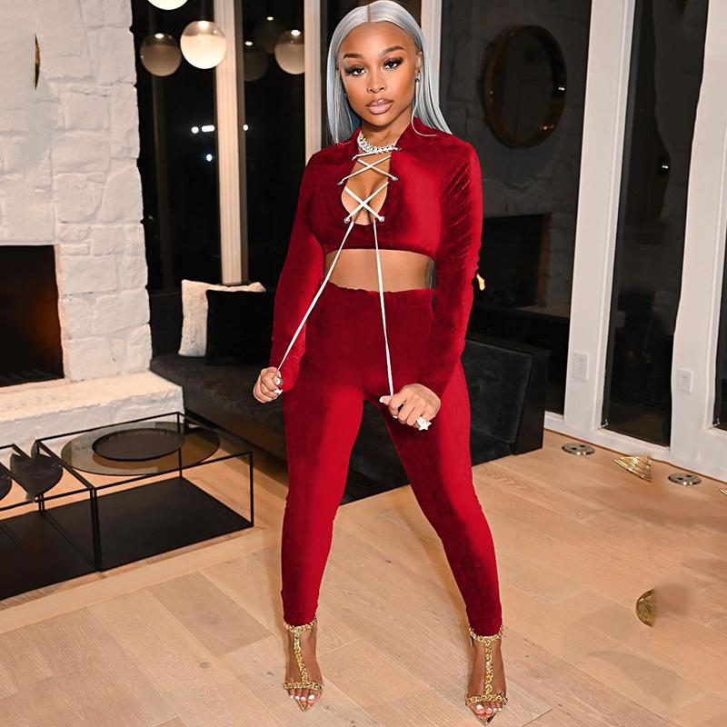 

Women's Two Piece Pants Sexy Deep V Neck Lace Up Long Sleeve Crop Top And Leggings Pieces Set Tight Club Party Lady Velvet Tracksuits, White