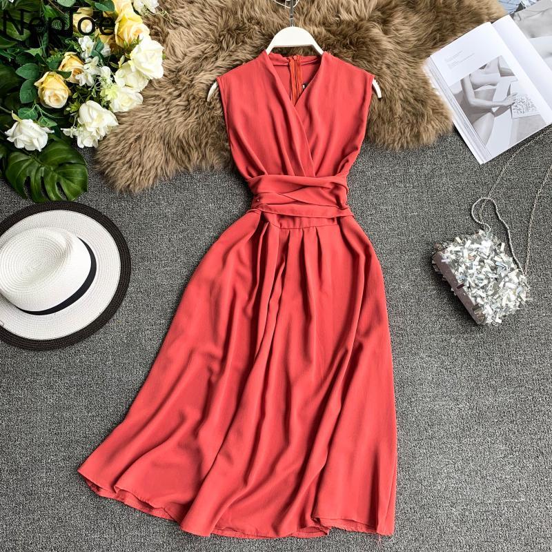 

2021neploe dress women summer 2021 new arival v-neck sleeveless dresses french chic cross dstring slim waist vestidos 43690, Black;gray