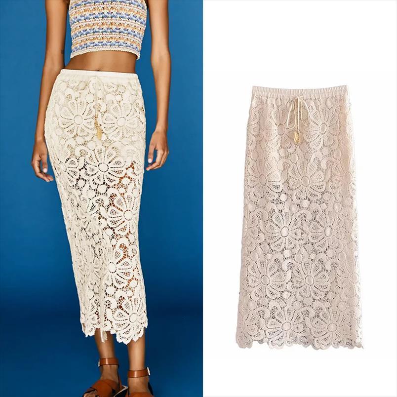 

traf crochet straight za summer women skirts hollow out high waist vintage fashion woman midi white, Black