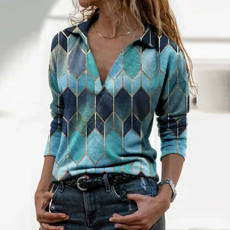 

Women Geometric Print Blouses Vinrage V Neck Long Sleeve Loose Shirt Spring Casual Pullover Ladies Elegant Tops Plus Size Blusas 210526, 6032-zipper yellow