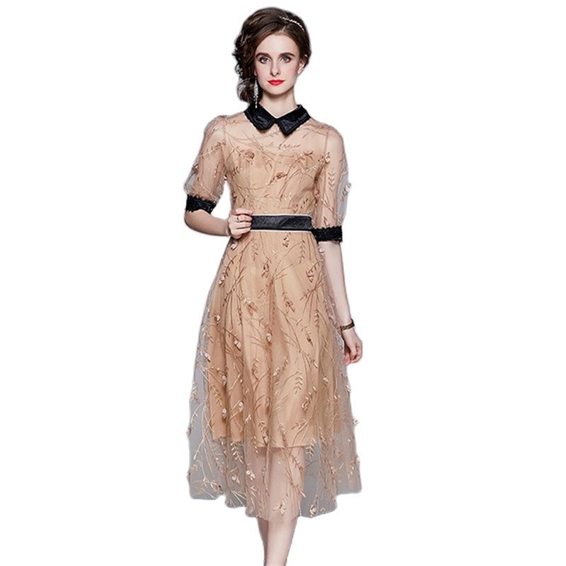 

Fashion women' dress mesh waist butterfly embroidery mid-length skirt summer high-quality clothing 210520, Pink