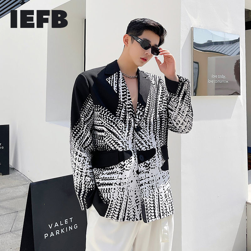 

IEFB Streetwear Black White Print Suit Coat Men's Trend Design Korean Notched Collar Long Sleeve Loose Blazer 9Y7244 210524
