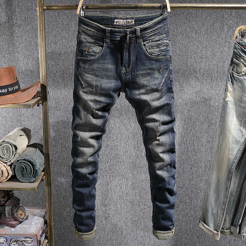 

Fashion Vintage Men Jeans High Quality Retro Wash Slim Fit Ripped Denim Trousers Streetwear Spliced Designer Hip Hop Biker Pants E056, Retro dark blue