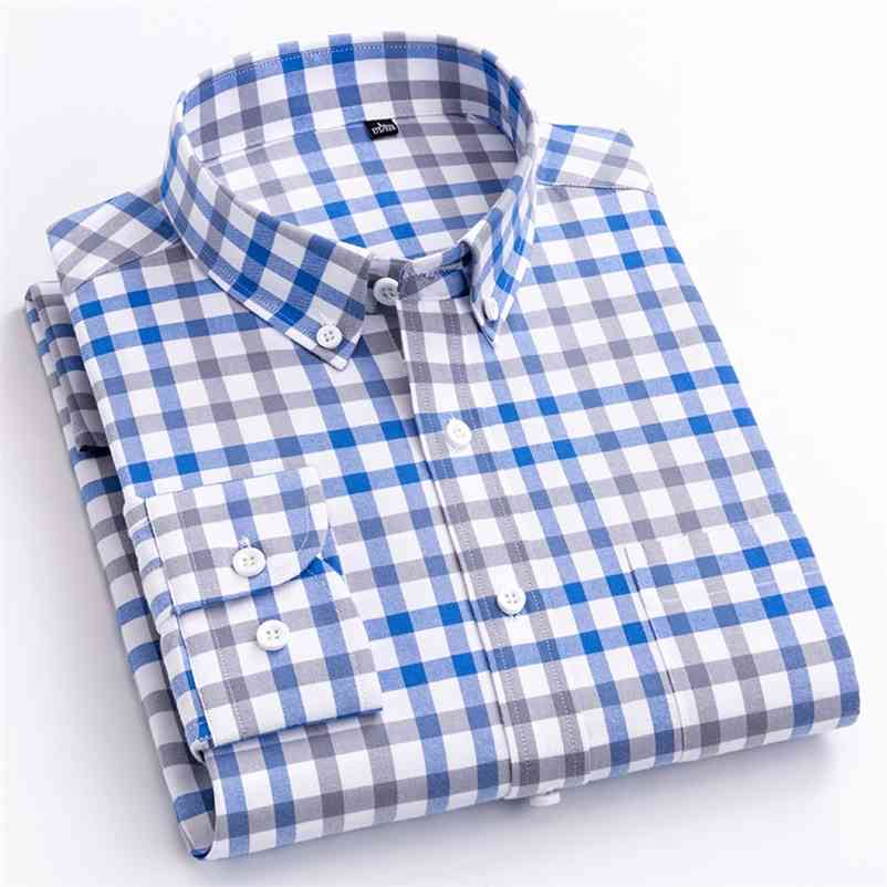 

Men's Brushed Cotton Plaid Checkered Shirt Single Patch Pocket Standard-fit Long Sleeve Thick Casual Button-down Gingham Shirts 210506, 18-580