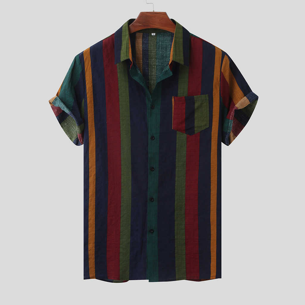 

Hawaiian Shirt For Men Vertical Colorful Striped Shirt Mens Cotton Short Sleeve Chest Pocket Shirts Men Summer Korean Clothes 210527