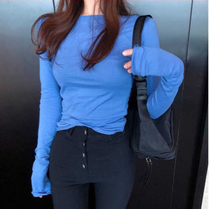 

perspective sexy Korean version chic pile sleeve thin top basic versatile slim long T-shirt autumn girl candy color PQ6 210603, Blue