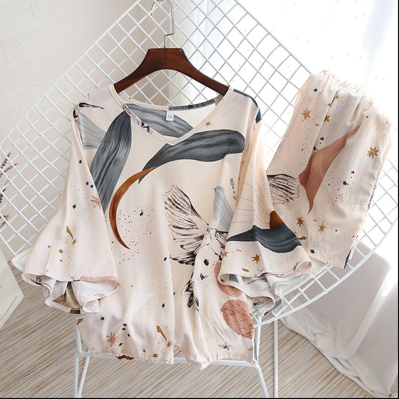 

summer pajamas set seven point womens sleepwears sleeve with shorts two piece suit for home female sleepwear printed pijamas, Black;red