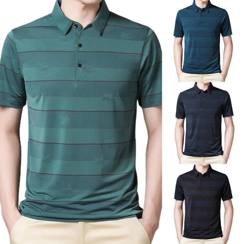 

Men's T-Shirts Fashion Slim Men Shirt Black Short Sleeve T-shirt Ice Silk Turn Down Collar Summer Striped Top For Business, White;black
