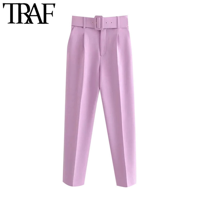 

TRAF Women Fashion With Belt Side Pockets Office Wear Pants Vintage High Waist Zipper Fly Female Ankle Trousers Mujer 210721, Green