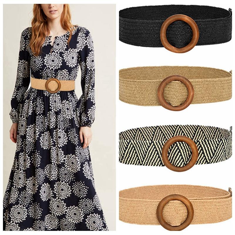 

Vintage Boho Braided Waist Belt Summer Solid Female Round Wooden Smooth Buckle Fake Straw Wide Belts For Women, Black;brown