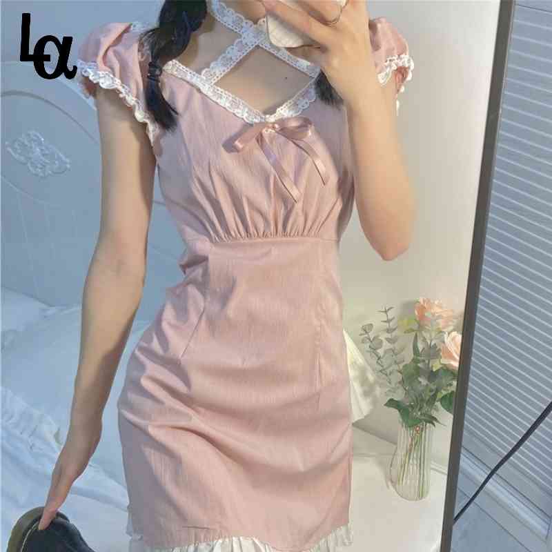 

Japanese Kawaii Lace Pink Dress Women Designer Korean Sweet Sexy Mini High Street Chic Party Outfits Summer 210519
