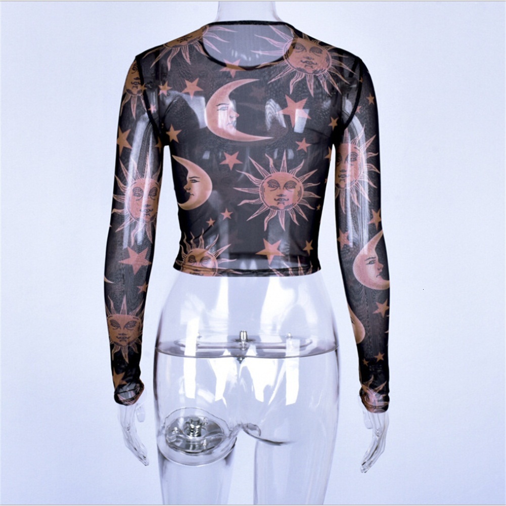 

Street Style Dresses Sexy Transparent Mesh T-Shirt Women Sun Moon Printed Crew Neck Long Sleeve Polyester Brand design Shirt Basic, Black