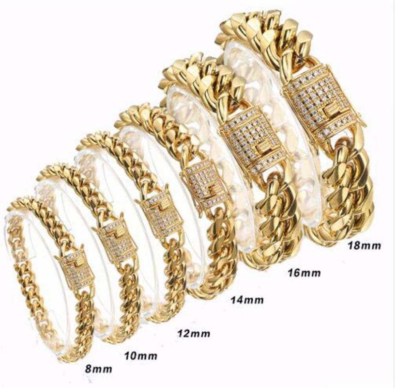 

Link, Chain Unique Gold Color Miami Curb Link Bracelet For Men's Gift Jewelry Stainless Steel 8/10/12/14/16/18mm Shiny Crystal Clasp