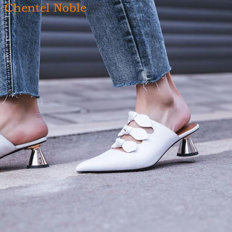 

Slippers Arrivals Bowtie High Heel Slides White Pointy Toe Pumps Summer Low Party Shoes Women Mules Leather Two Style Slipper, Black