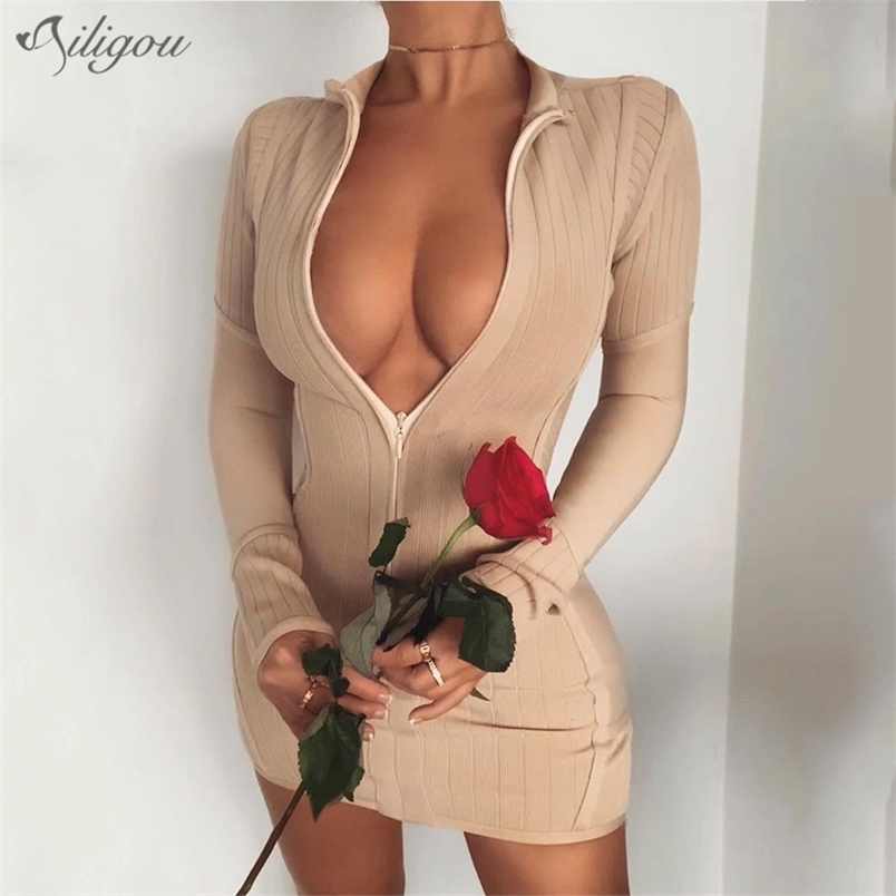 

Women'S Apricot Tight-Fitting Stand-Up Collar Front Zipper Long Sleeve Mini Bandage Dress Sexy Party Vestidos 210525, Black