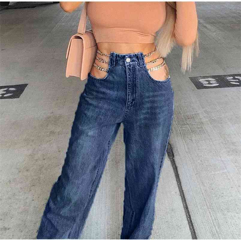 

Side Hollow Out Chain Patchwork Women Jeans Straight High Waist Zipper Pocket Female Pant Streetwear Casual Solid Ladies Bottom 210708, Blue