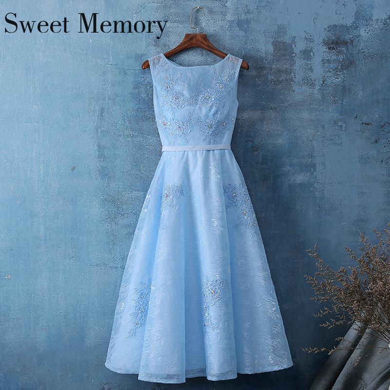 

Bridesmaid Dress J0138 2021 Sweet Memory Women Sky Blue Pink Lace Dresses Birthday Crystal Wedding Party Prom Gowns