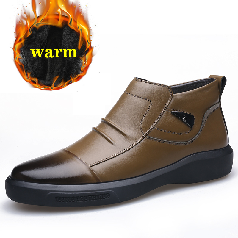 

Men Genuine Leather Winter Boots Warm Plus velvet Snow Men Boots Ankle Boots For Men Business Dress Shoes, Black