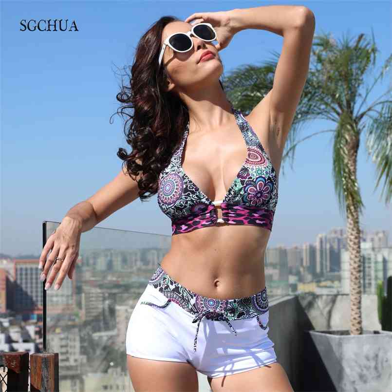 

SGCHUA Boho Boxer Bikini Big Size 5XL Swimsuit for Fat Print Pink Leopard Swimwear Women XXXL Beach Brazilian Biquini 210722, Black