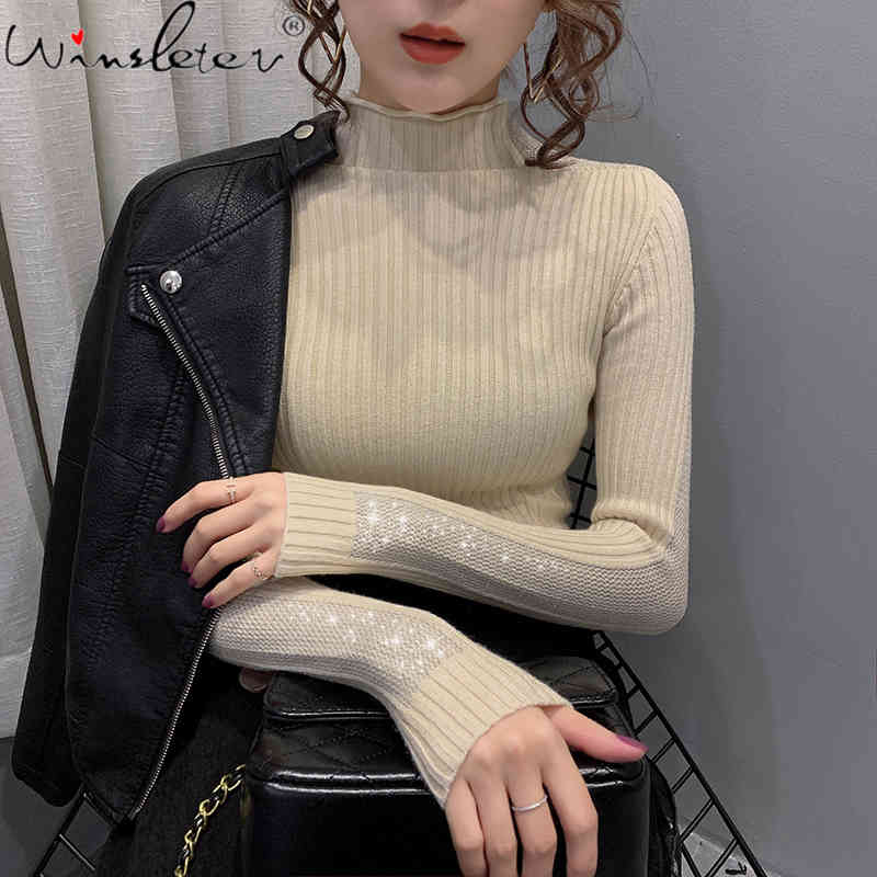 

Women' Knits & Tees Fall Winter Korean Style Knitted Sweater Women Solid Sexy Pullover Tops Patchwork Shiny Long Sleeve Bottoming, Apricot sweater