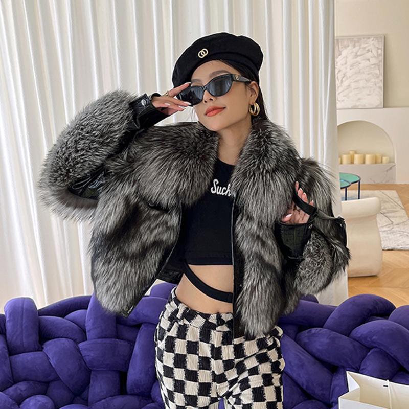 

Women's Fur & Faux Short Natural Silver Jacket Lapel Collar 2021 Winter Whole Skin Genuine Leather Overcoats Luxury, Black