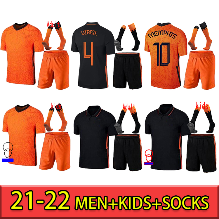 

MEMPHIS 2021 Netherlands soccer shirt DE JONG Holland DE LIGT STROOTMAN VAN DIJK VIRGIL 2022 football jersey Adult men + kids kit SOCKS, Away kid suit hl0016