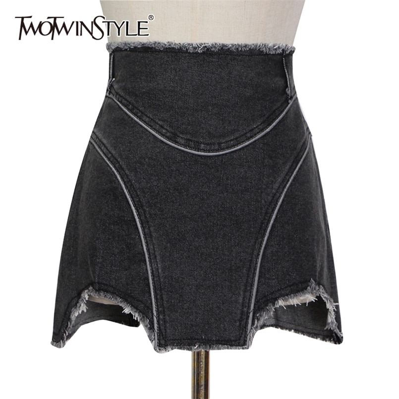 

Casual Patchwork Tassel Skirt For Women High Waist Irregular Hem Denim Mini Skirts Female Summer Fashion Style 210521, Darkgray