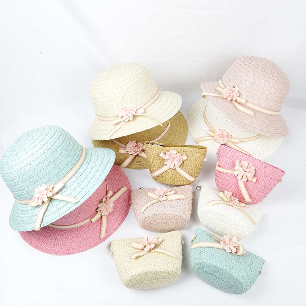 

Children's hat bow flower sunshade straw outdoor beach tourism Big Brim Hat + bag two piece set, Yellow
