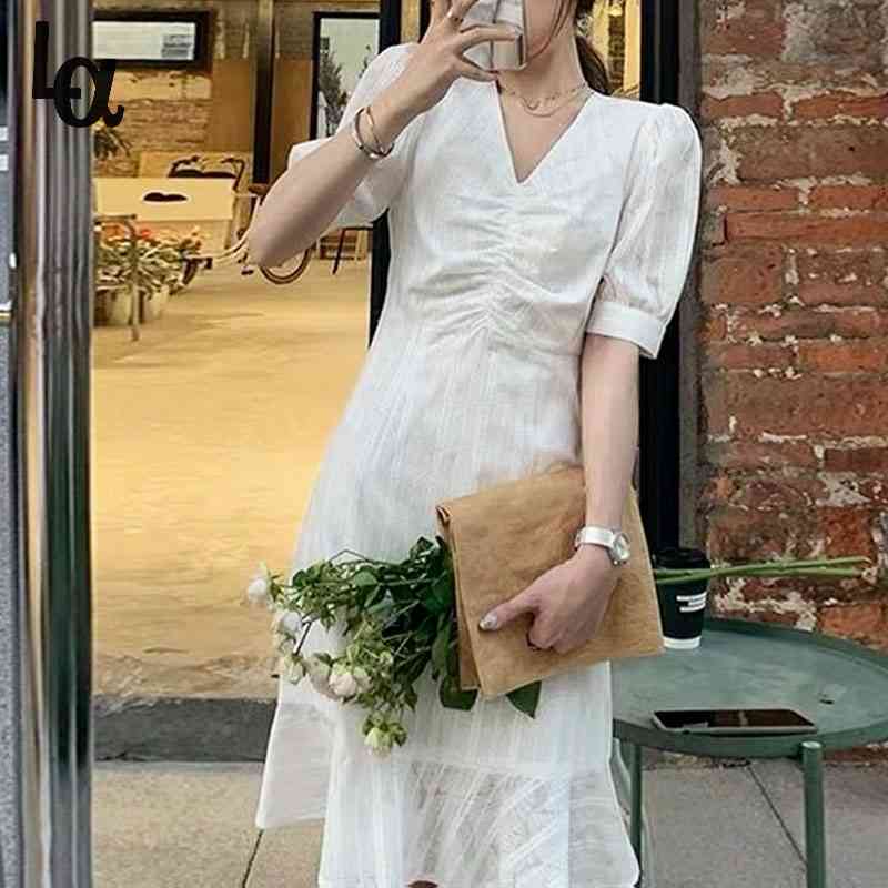 

Summer V-neck Elegant Vingate Dress Woemn Short Sleeve Slim Casual Office Lady Chiffon Chic 210519, White