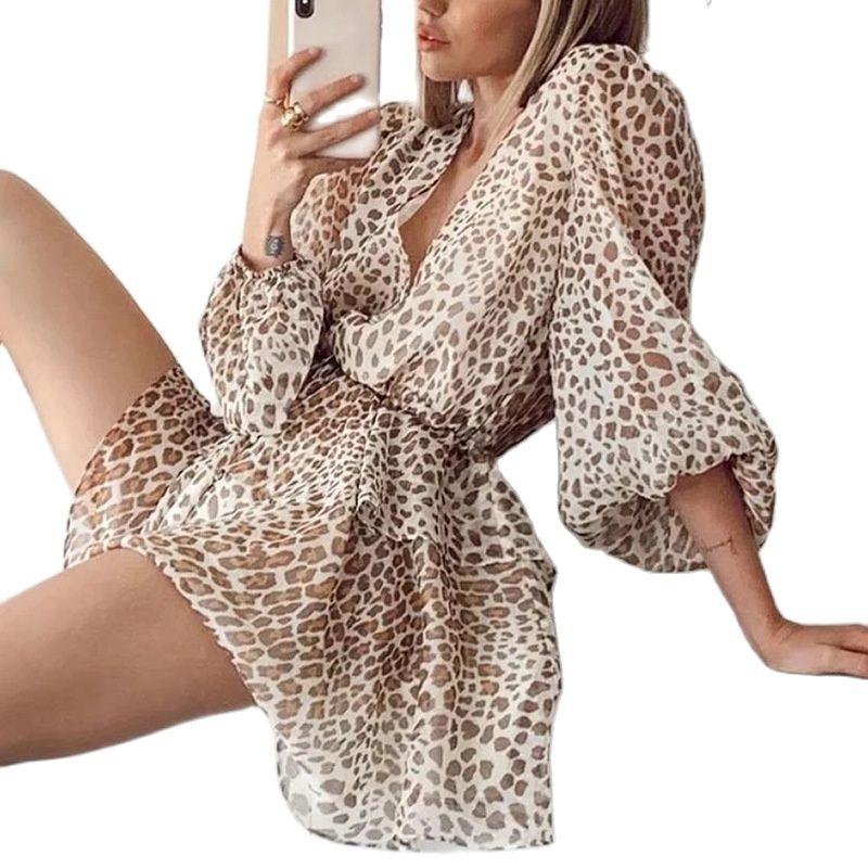 

Fashion Chiffon Sexy V-neck Leopard Print Long Sleeve Women' Slim Dress Vestido Woman Summer 2021 Dresses For Women Casual Thin, Beige