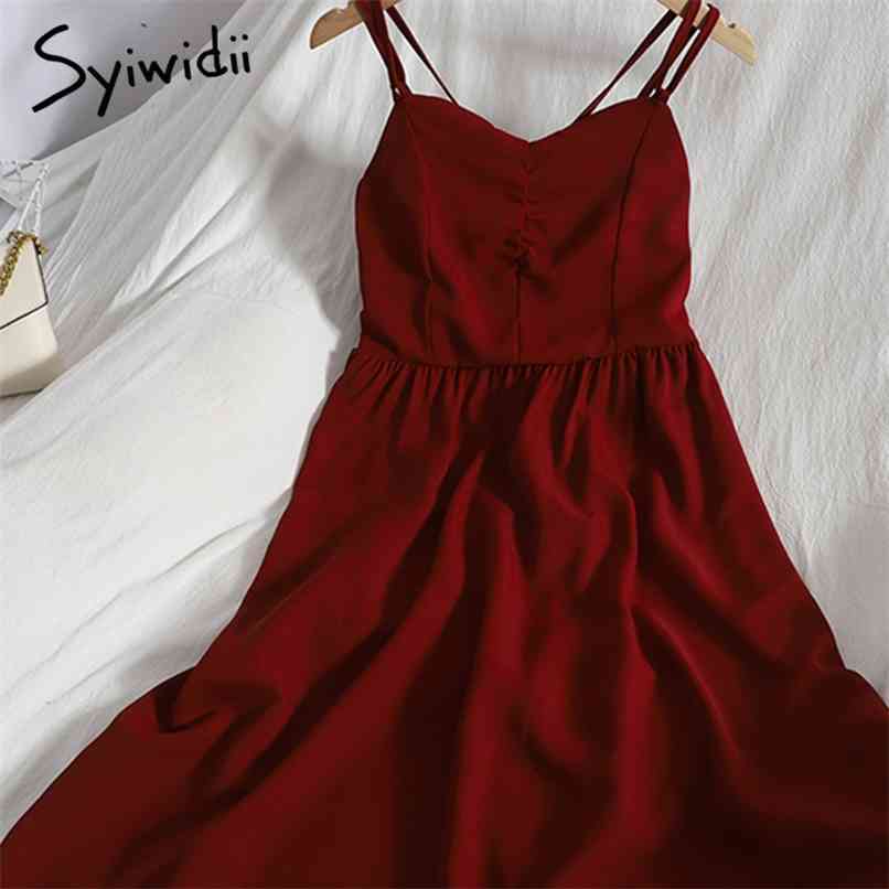 

Fashion Folds High Waist Spaghetti Strap Dresses Women Sleeveless A-line Solid Green Clothing Summer Korean Dress 210607, Red
