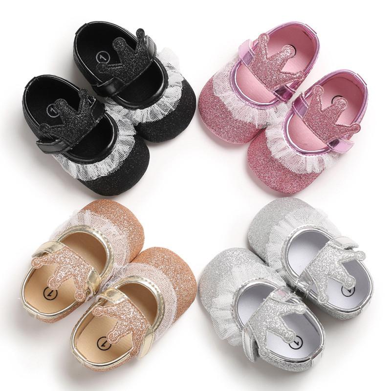 

First Walkers Baby Shoes Cute Crown Flower Bow Princess Infant Girl Shoe Born Toddler Girls Soft Sole Breathable, Gold