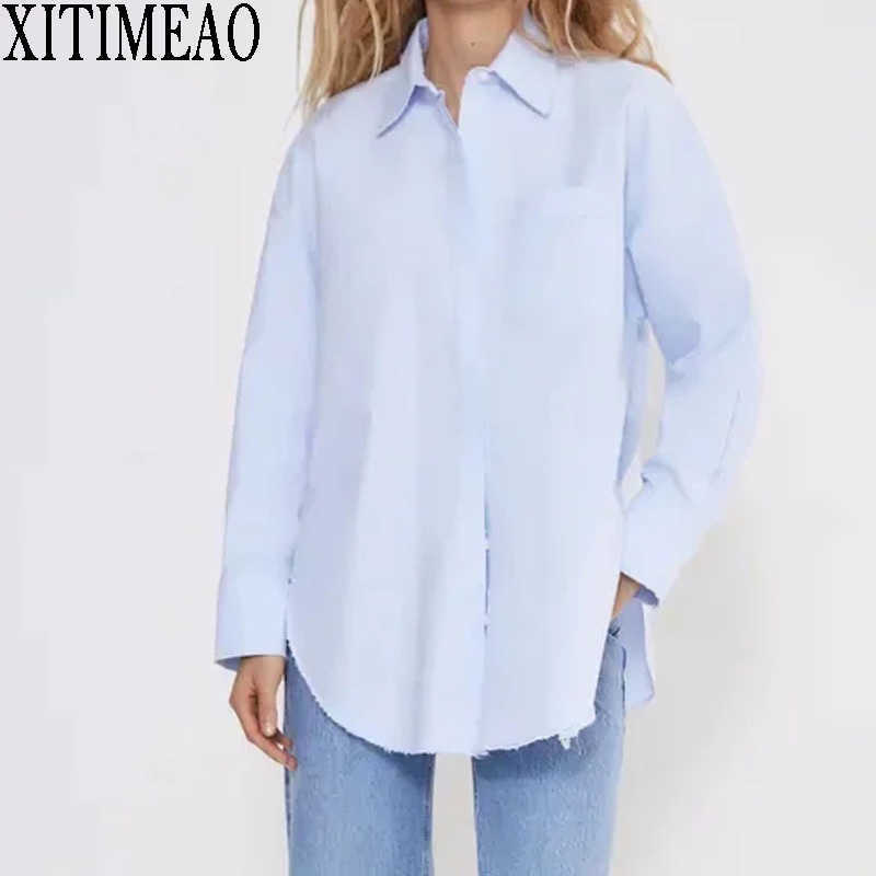 

ZA Spring Autumn Women Retro Simple Style Solid Color Loose Long Sleeve Shirt Casual Chic Tops XITIMEAO 210602, Sky blue
