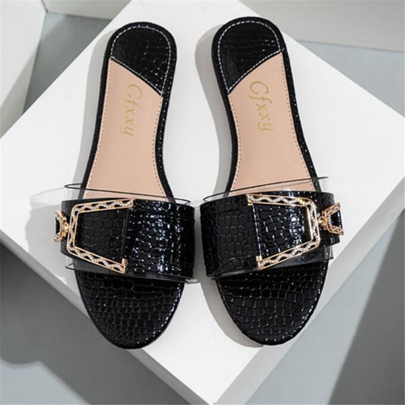 

Women Slippers Flat Heel Silver Gold Women Buckle Slides Shoes Summer Outdoor Beach Transparent Sandals Slipper Female Flip Flop, Black