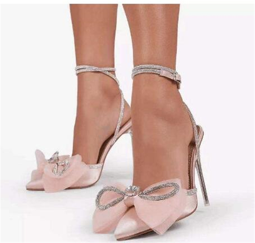 

Summer High Heels Pointed Toe Women Shoes Bowknot Rhinestone Ladies Slingbacks Pumps Ankle Strap Stiletto Wedding Party Sandals