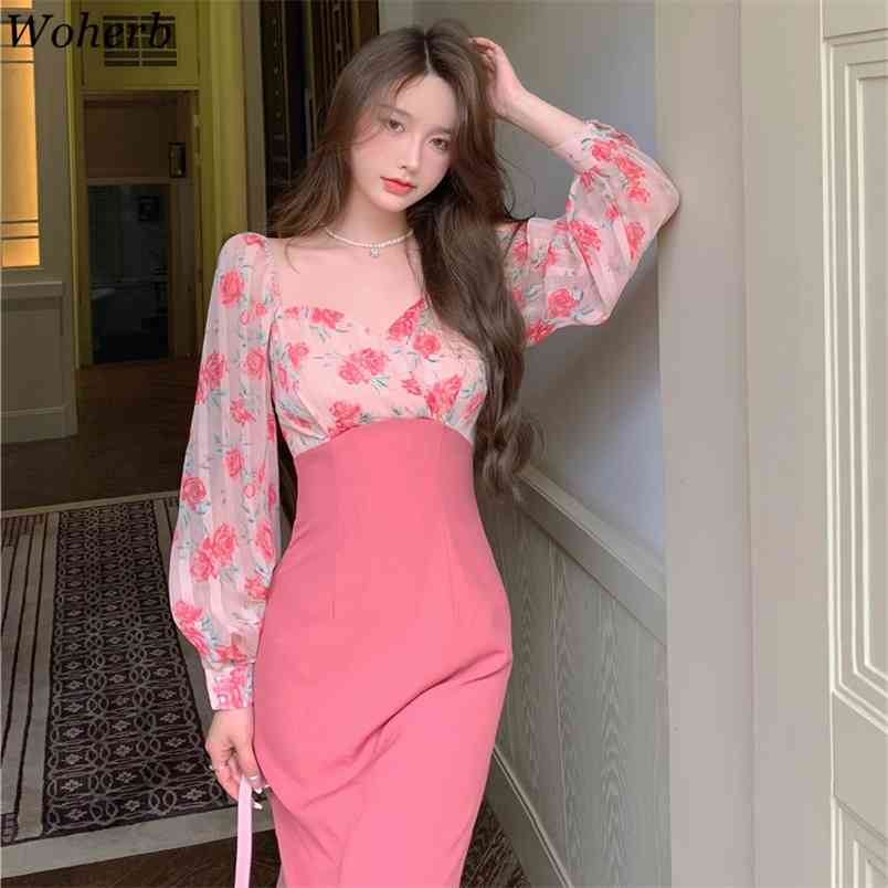 

Elegant Dress Women Patchwork Fake Two-piece Floral Long Sleeve Vestidos Vintage Chic Slim Split Temperament Dresses 210519, Pink