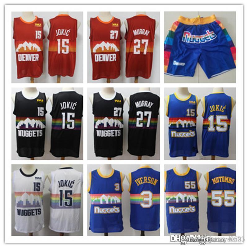 

Mens Denver Nuggets Throwback Dikembe 55 Mutombo Allen 3 Iverson Nikola 15 Jokic Jamal 27 Murray Basketball Jerseys Bask, Black;red