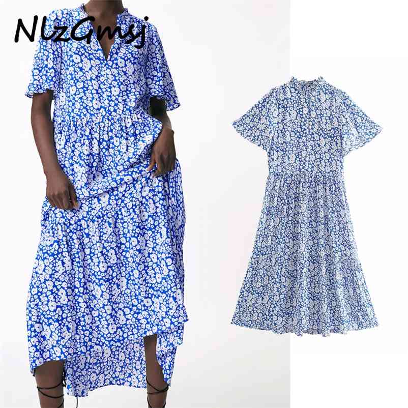 

Dresse Elegant Floral Printed V Neck Dress Short Sleeve Sexy Midi Ladies 04 210628, As picture