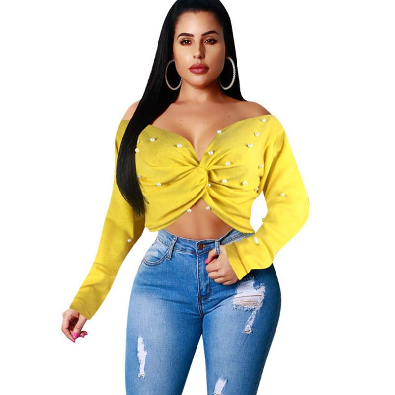

Women's Blouses & Shirts Women Off Shoulder Tie Up Blouse Pearl Long Sleeve Tops Sexy Ladies Autumn Winter Casual Streetwear Knitted Blusas, White