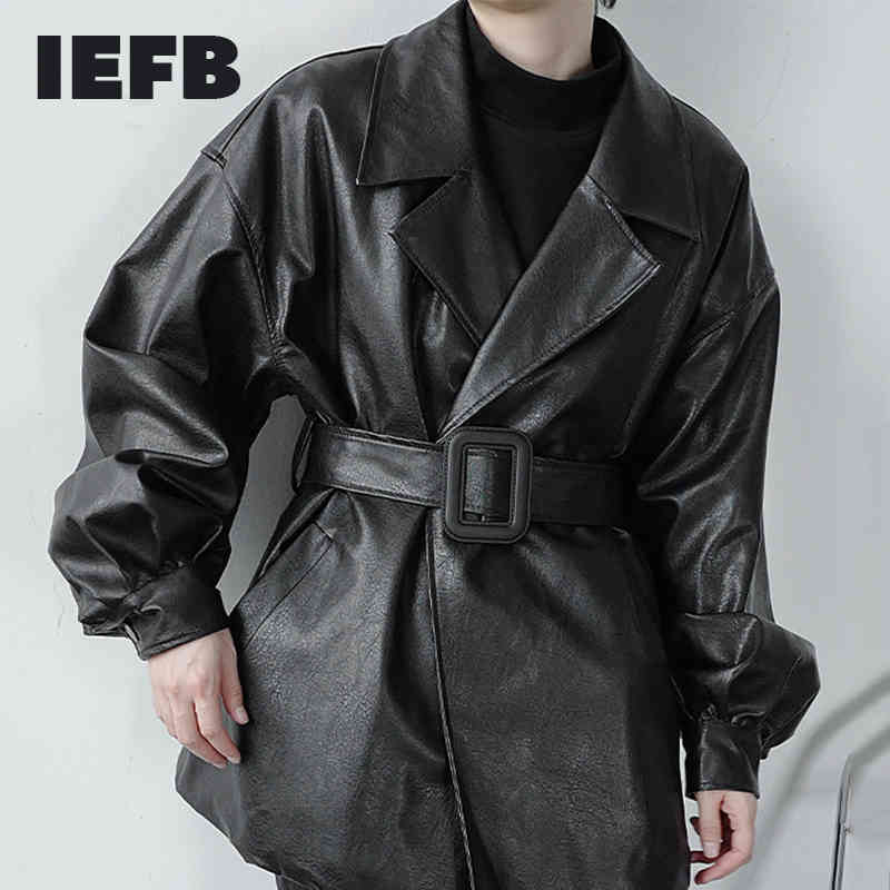

IEFB spring Autumn men's loose thickness PU leather jacket waist button decoration sashes black oversized coat 9Y4634 210524