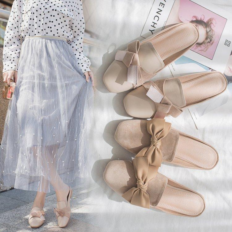 

Slippers Female 2021 Autumn Women's Shoes Square Head Baotou Half Drag Fashion Bow Flat Sandals Chaussures Femme, Apricot leather
