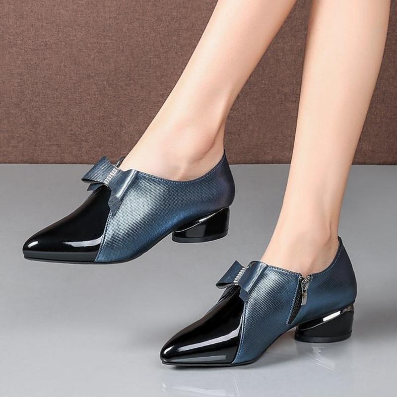 

Dress Shoes 2021 Spring And Autumn Pointed Thick Heel Shallow Mouth Color Matching Bow Fashion Women's, Black