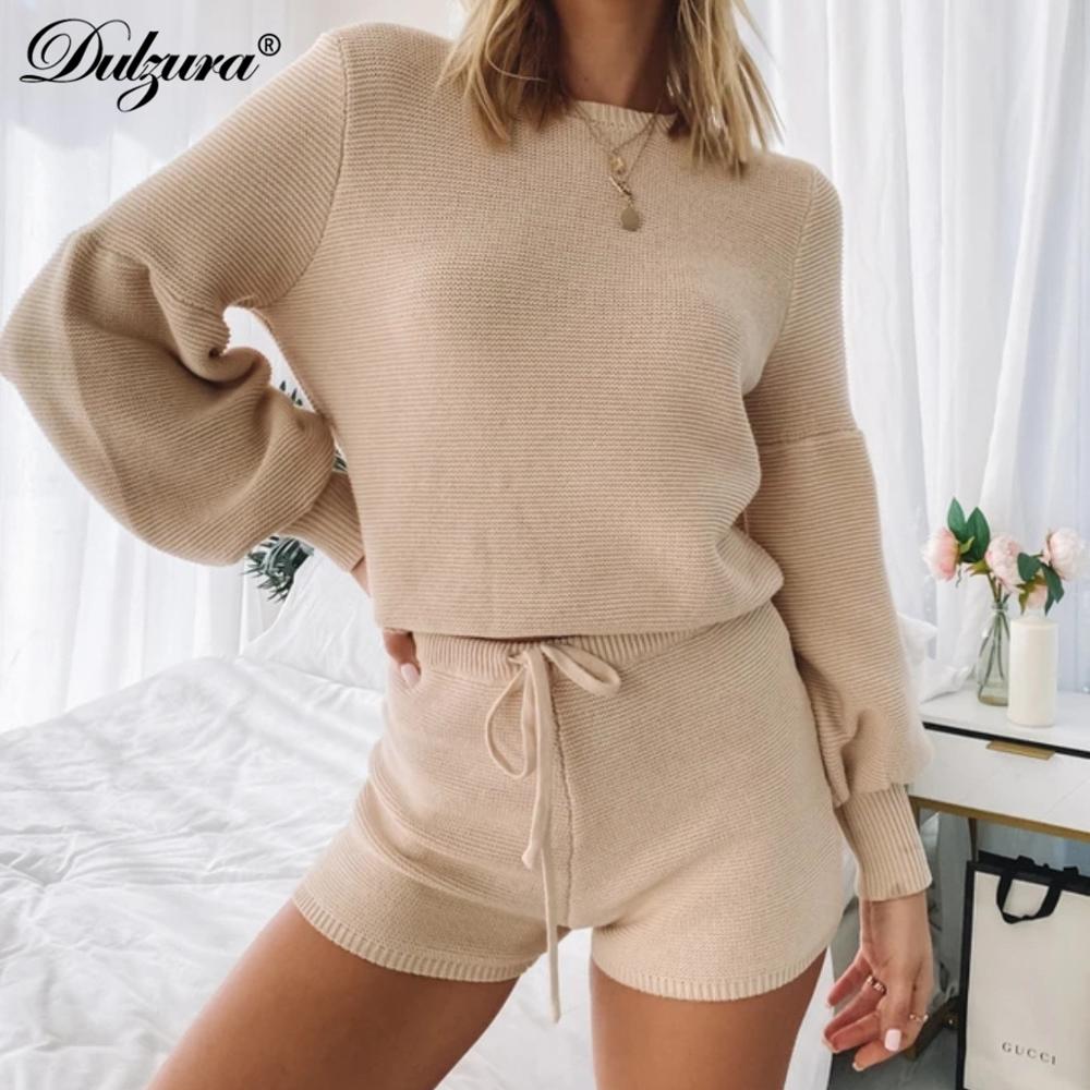 

Knitted Women 2 Piece Set Lantern Sleeve Sweater Shorts Casual 2021 Autumn Winter Lounge Wear Home Solid Outfit Fashion, Black;white