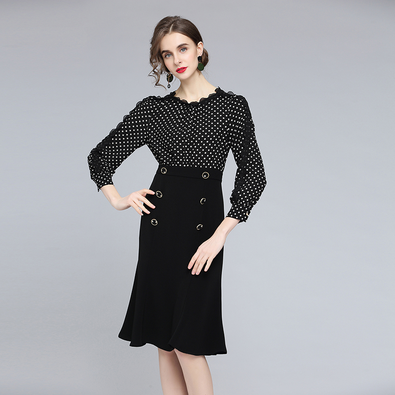 

Hepburn Polka Dot Black Fishtail Dress 2022 Runway Designer Empire Elegant Waist Slim Fitting Ladies Casual Office Dresses Long Sleeve European Party Women Clothes